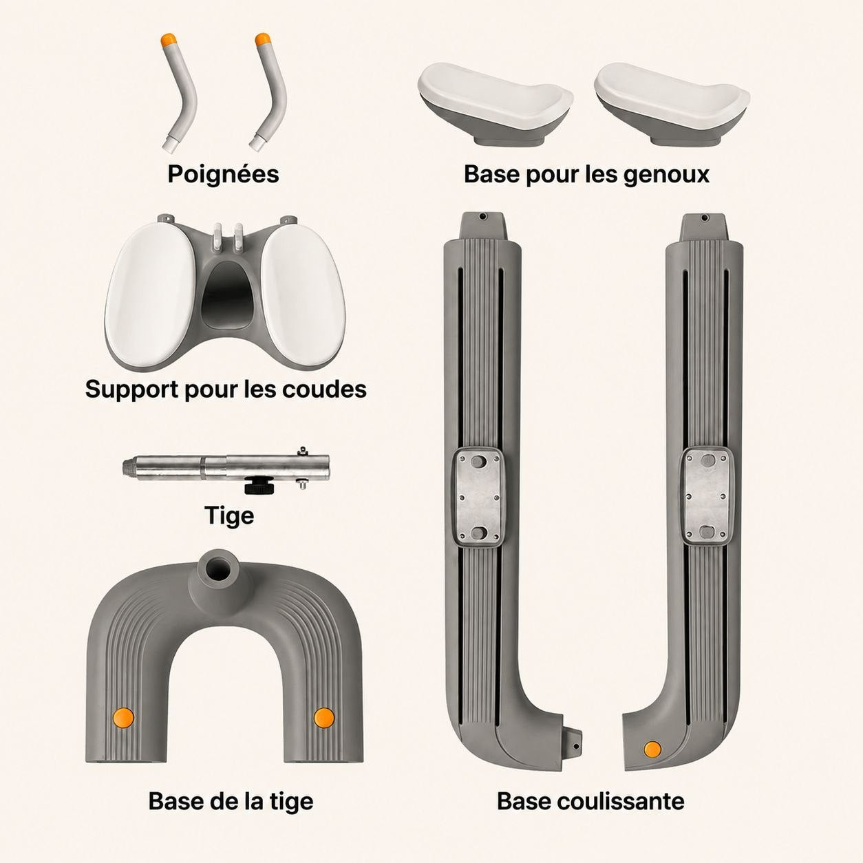 Les pièces du MOVBODY : poignées, base pour les genoux, support pour les coudes, tige, base de la tige et base coulissante